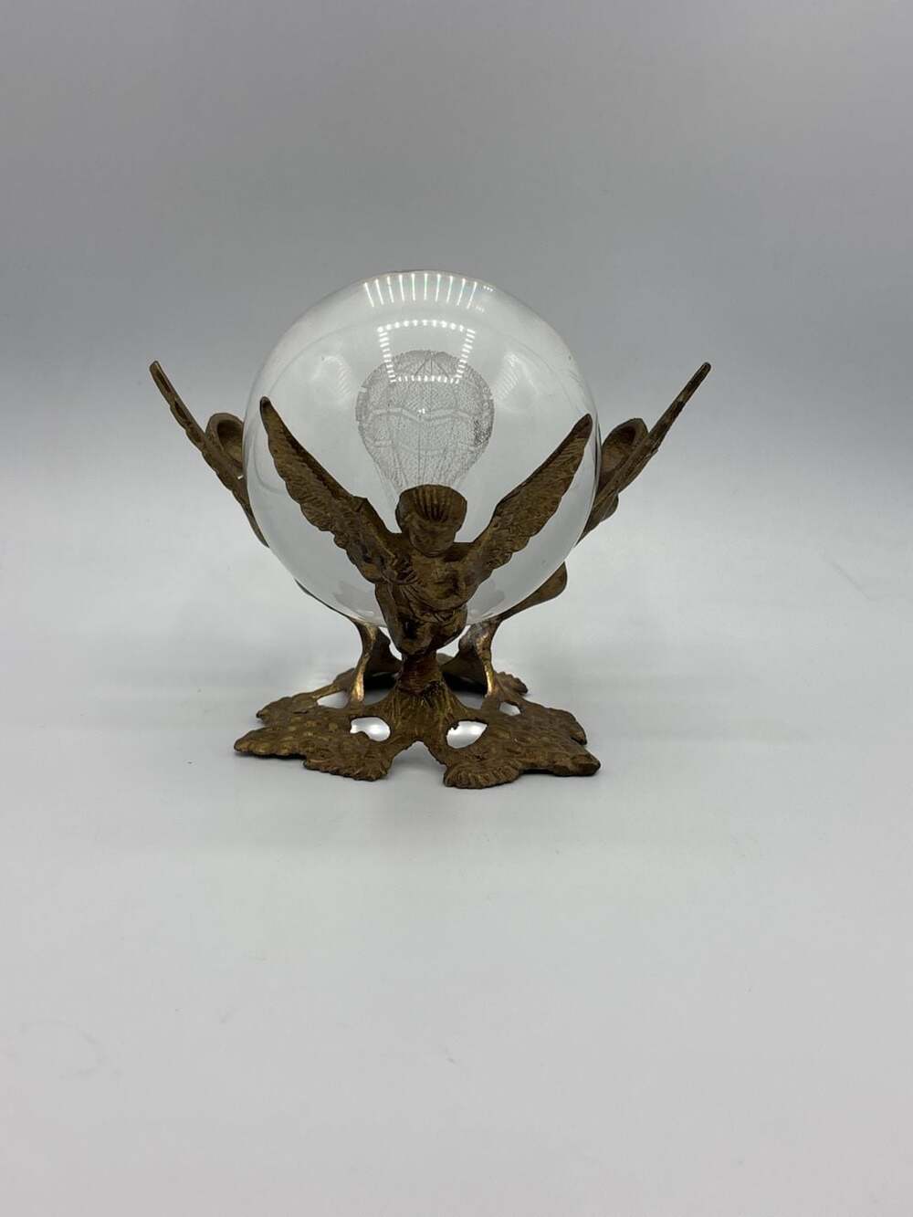 Vintage Glass Sphere/Laser Etched Hot Air Balloon on Brass Angel Cherub Stand